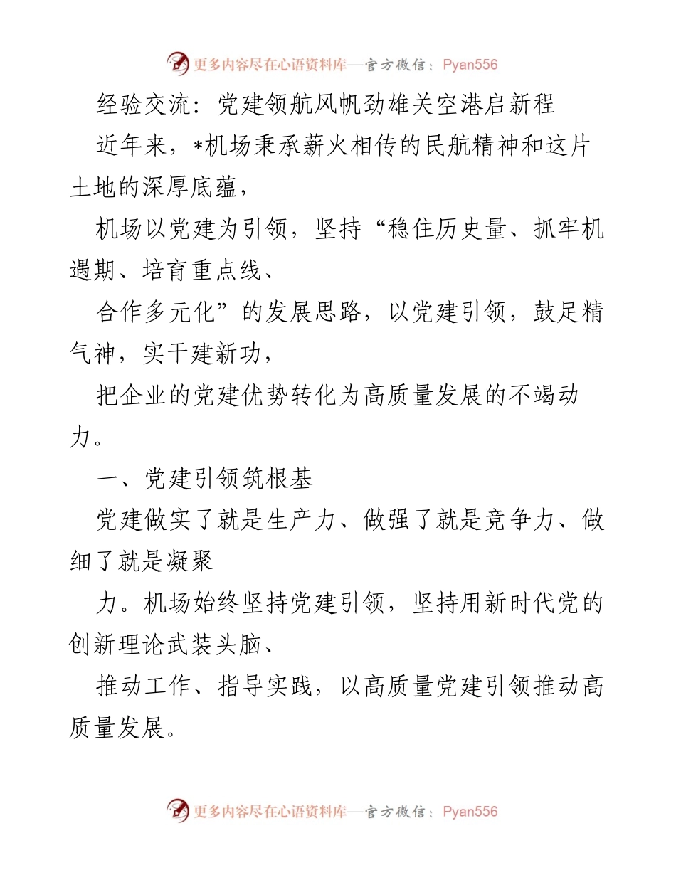 [发言] 经验交流会 - 党建引领高质量发展，助力雄关空港新征程.docx_第1页