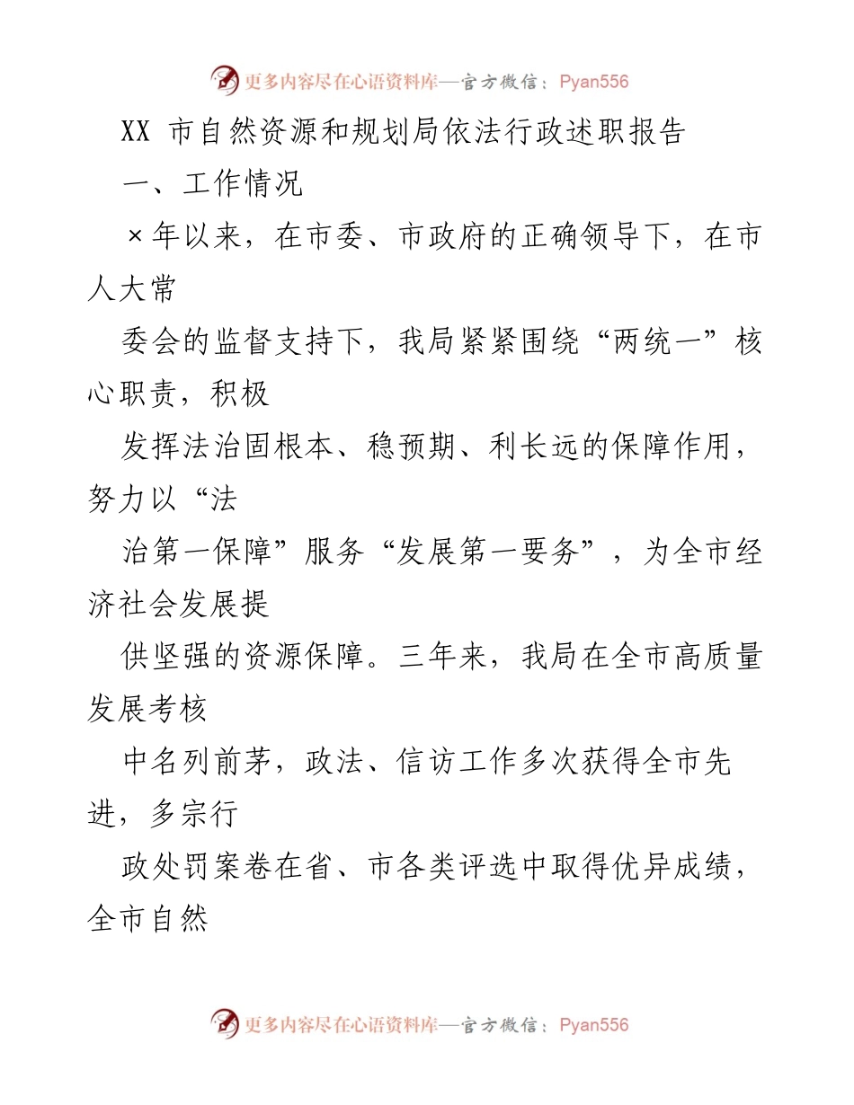 [发言] 自然资源和规划局述职会议 - XX市自然资源和规划局依法行政工作总结报告.docx_第1页