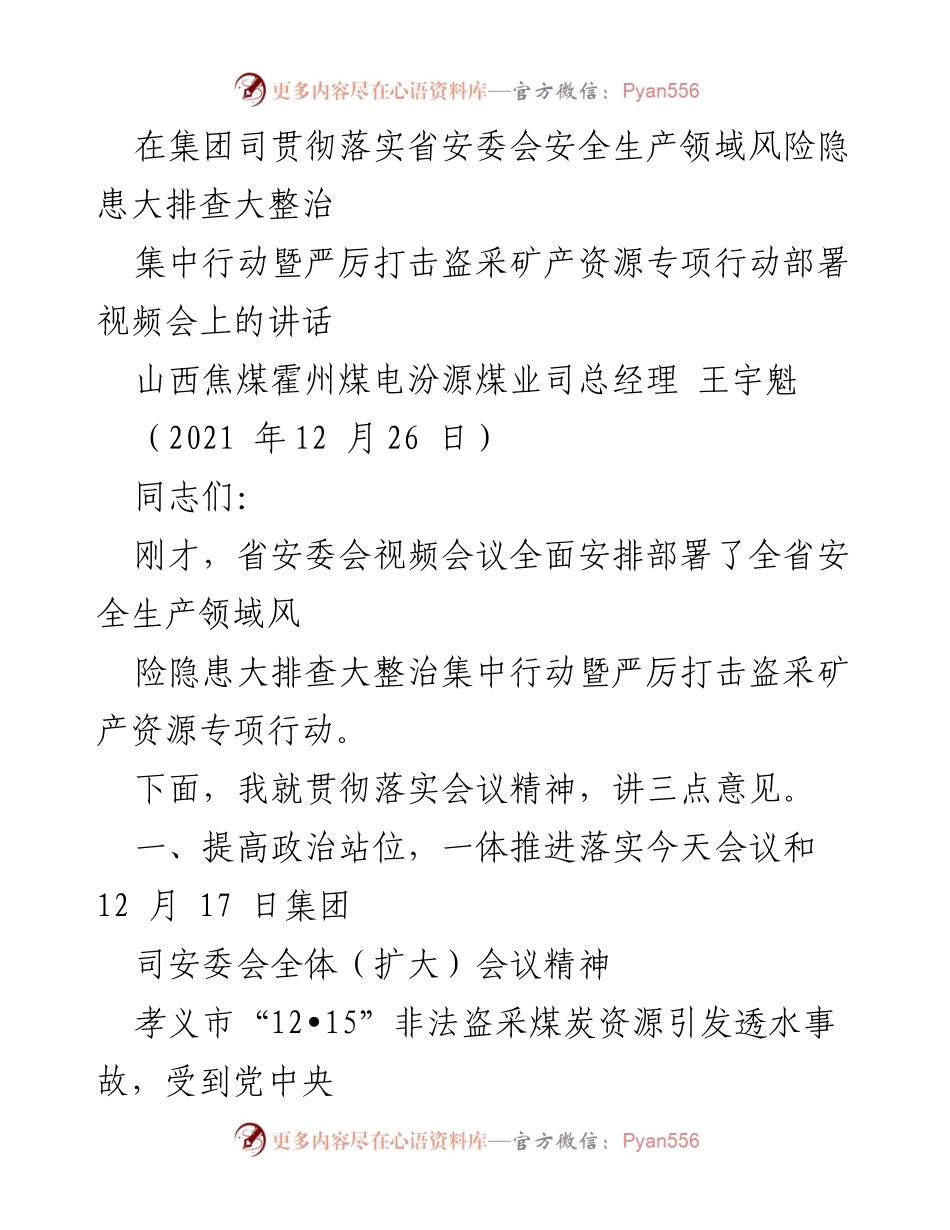 [发言] 视频会议 - 加强安全生产风险隐患排查与整治的部署讲话.docx_第1页