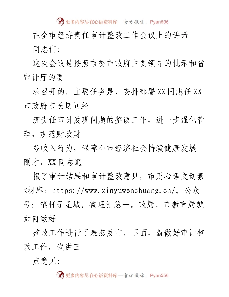 [发言] 经济责任审计整改工作会议 - 强化审计整改，保障经济健康发展.docx_第1页