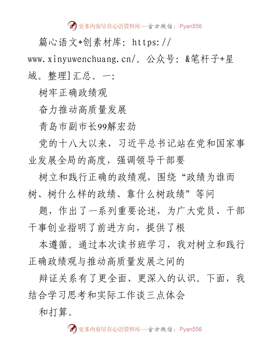 [发言] 读书班学习 - 树牢正确政绩观，推动高质量发展.docx_第1页