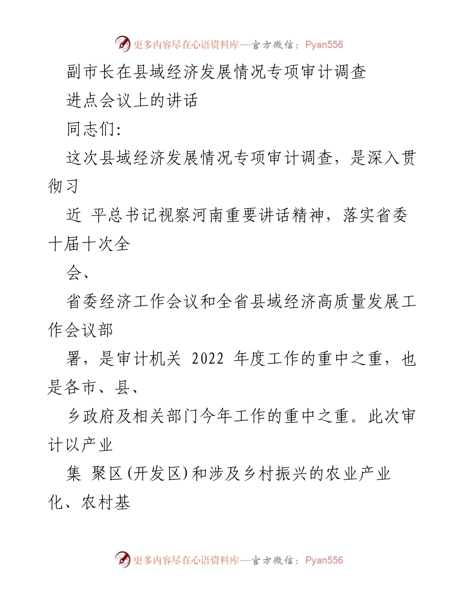 [发言] 进点会议 - 强调县域经济发展专项审计的重要性与目标.docx_第1页