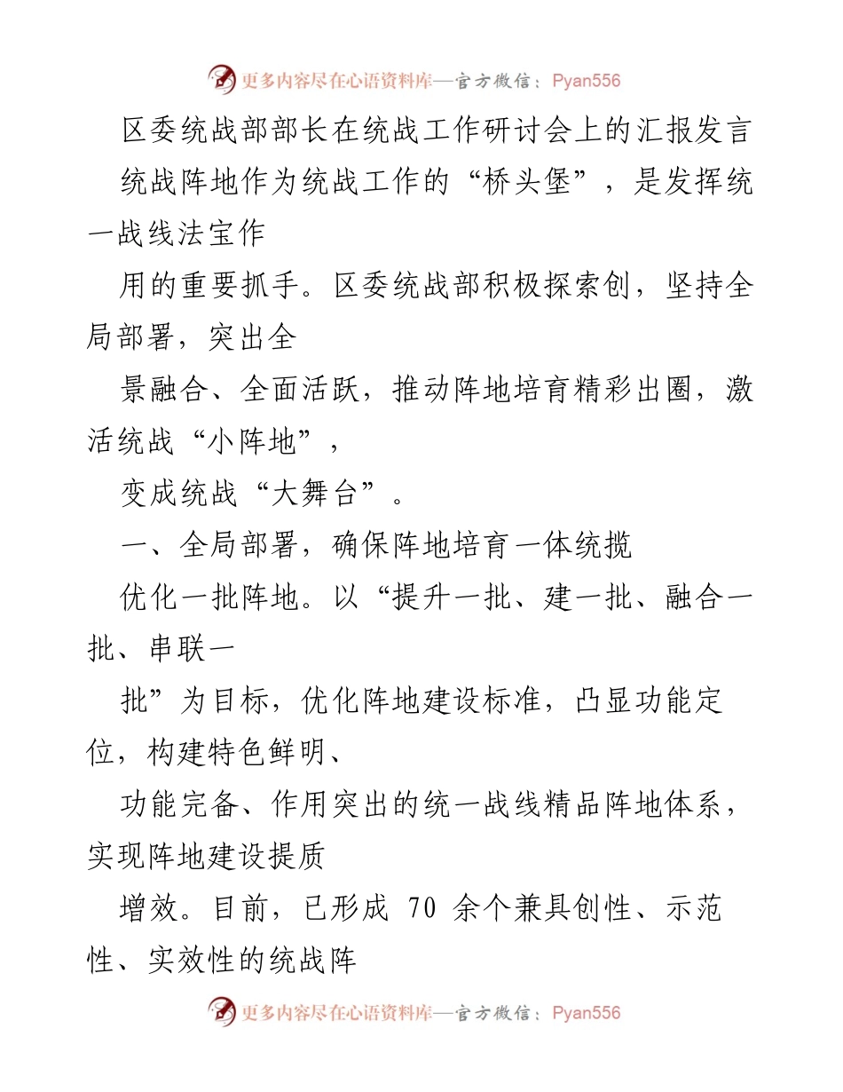 [发言] 统战工作研讨会 - 统战阵地建设：创新发展与全局融合.docx_第1页