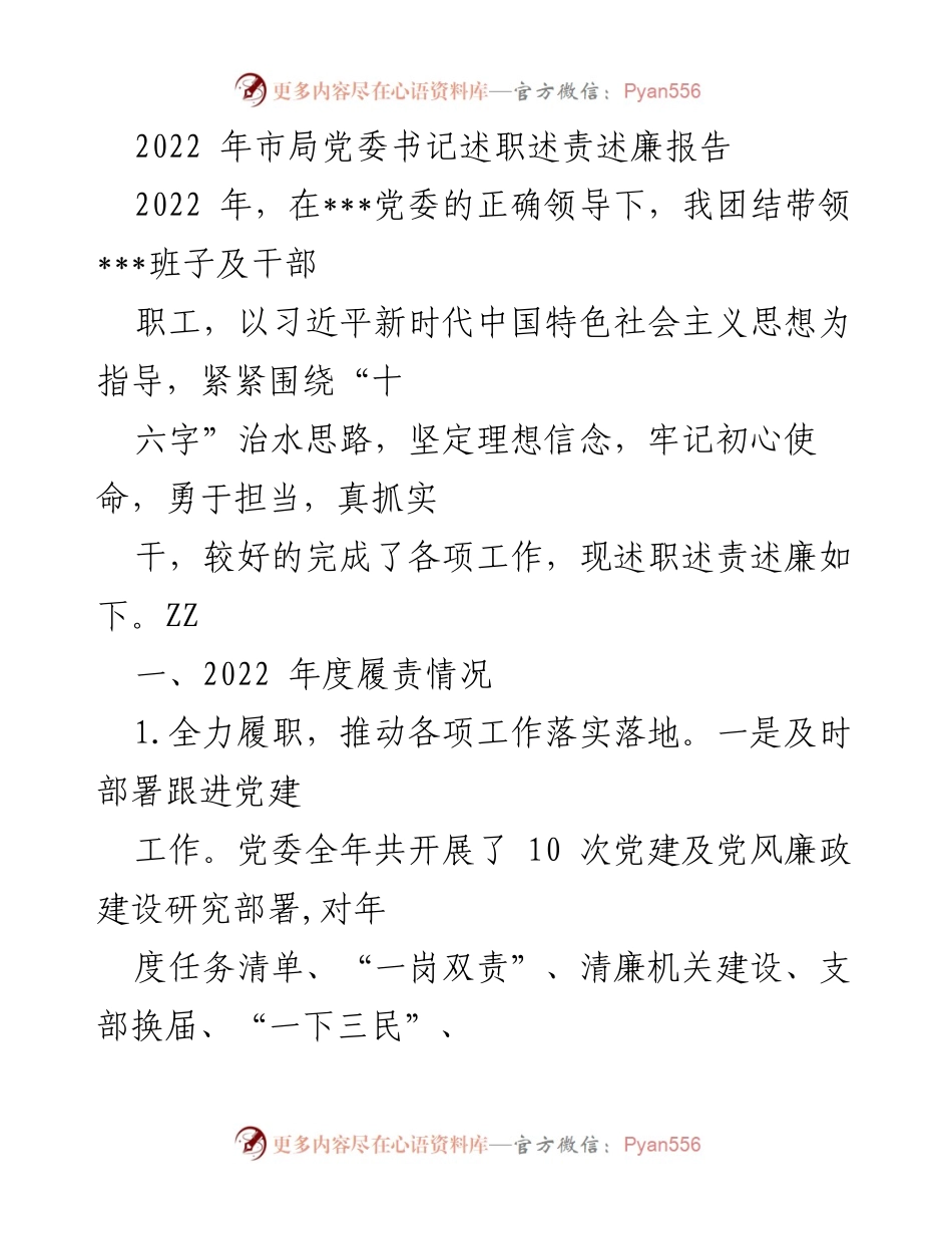 [发言] 述职会议 - 2022年度市局党委书记述职述责述廉报告.docx_第1页