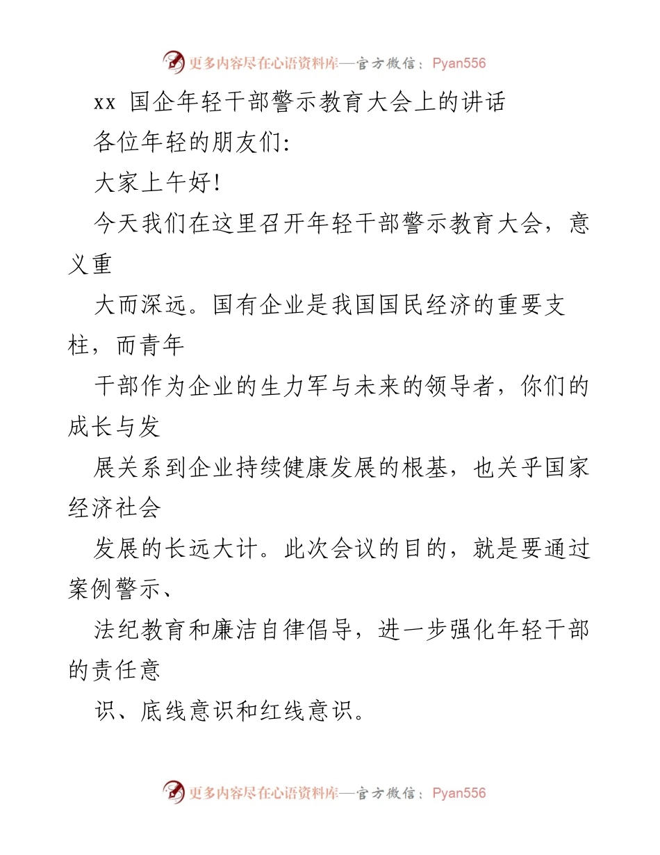 [发言] 警示教育大会 - 强化年轻干部责任意识与廉洁自律的重要性.docx_第1页