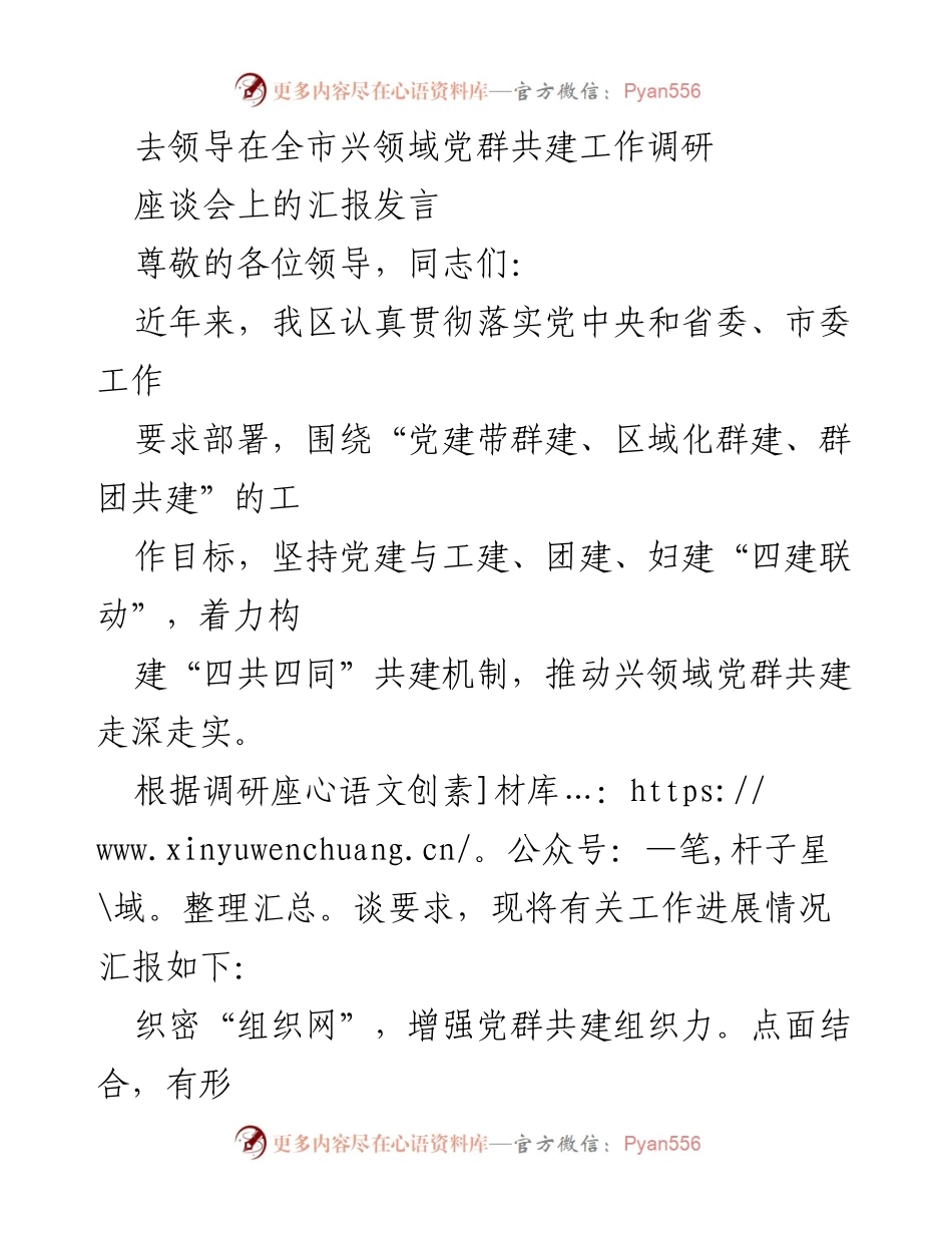 [发言] 调研座谈会 - 加强党群共建，推动兴领域发展.docx_第1页