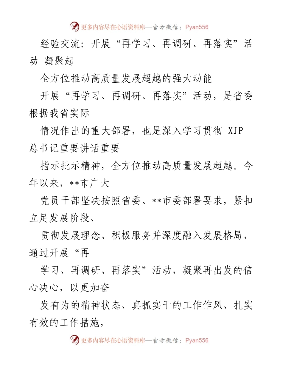 [发言] 经验交流会 - 开展“再学习、再调研、再落实”活动，推动高质量发展超越的强大动能.docx_第1页