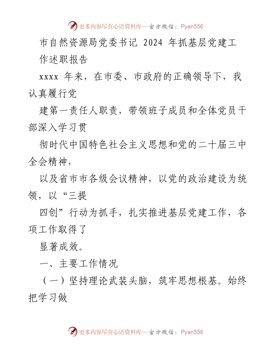 [发言] 述职报告 - 2024年市自然资源局党委书记基层党建工作述职报告.docx_第1页