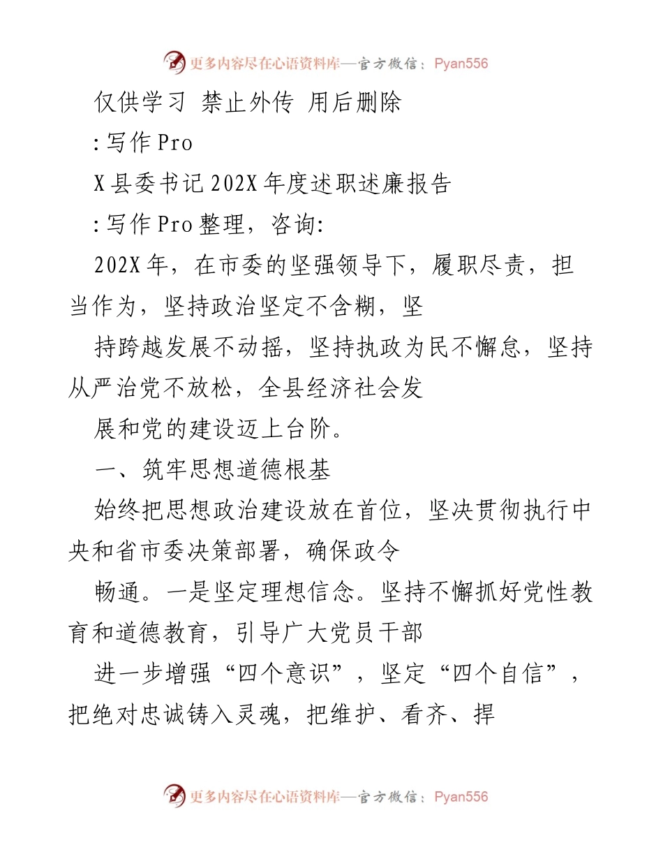 [发言] 述职大会 - X县委书记202X年度述职述廉报告.docx_第1页