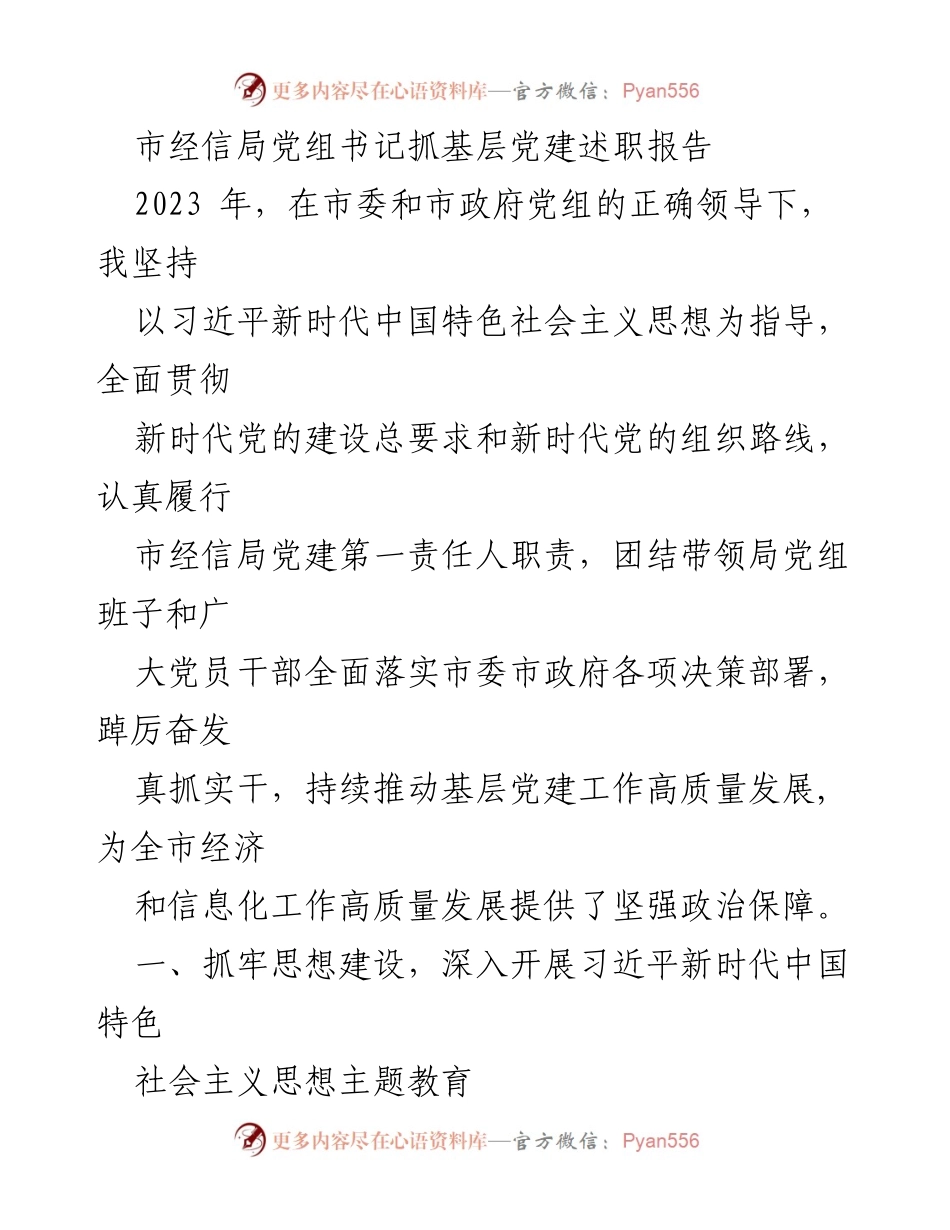 [发言] 述职报告 - 市经信局党组书记关于基层党建工作的总结与思考.docx_第1页