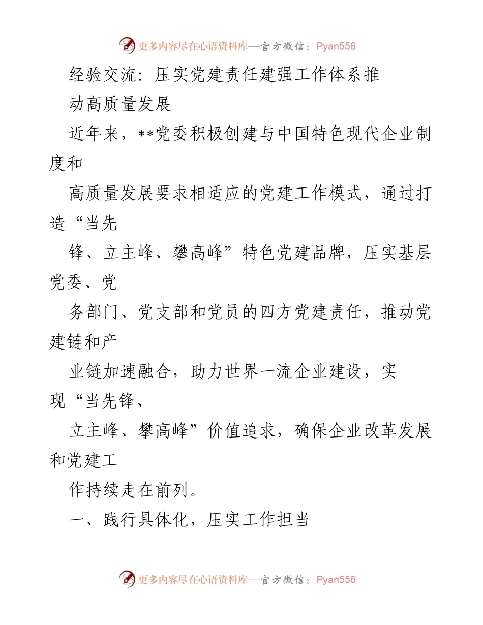 [发言] 经验交流会 - 推动高质量发展的党建责任与工作体系建设.docx_第1页