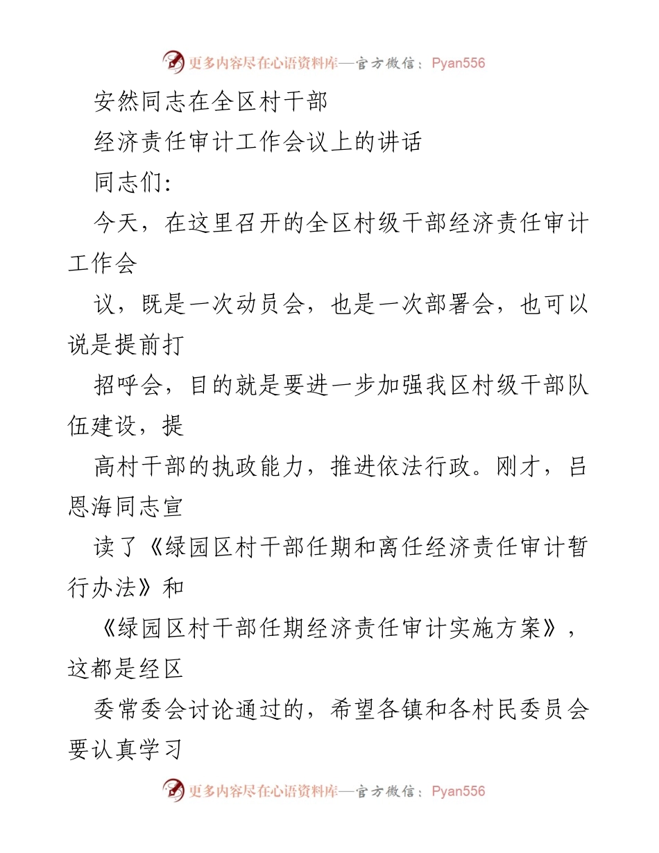 [发言] 经济责任审计工作会议 - 加强村干部经济责任审计工作的重要性与实施方案.docx_第1页