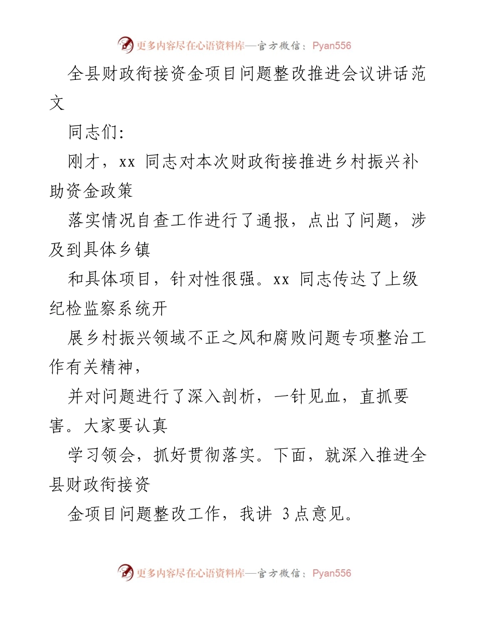 [发言] 财政衔接资金项目问题整改推进会议 - 强化财政衔接资金项目整改，确保乡村振兴成效.docx_第1页