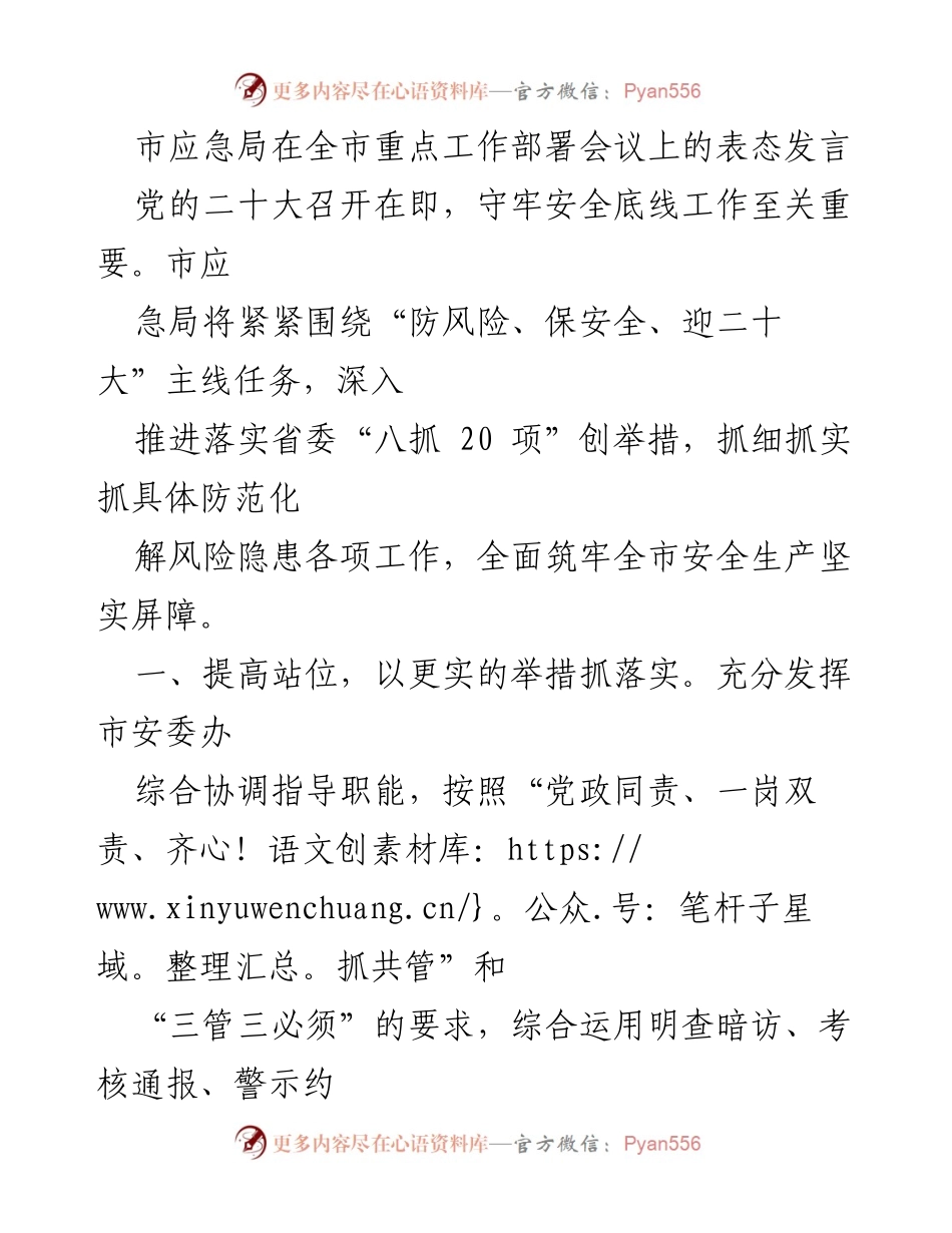 [发言] 重点工作部署会议 - 市应急局安全生产工作表态发言.docx_第1页