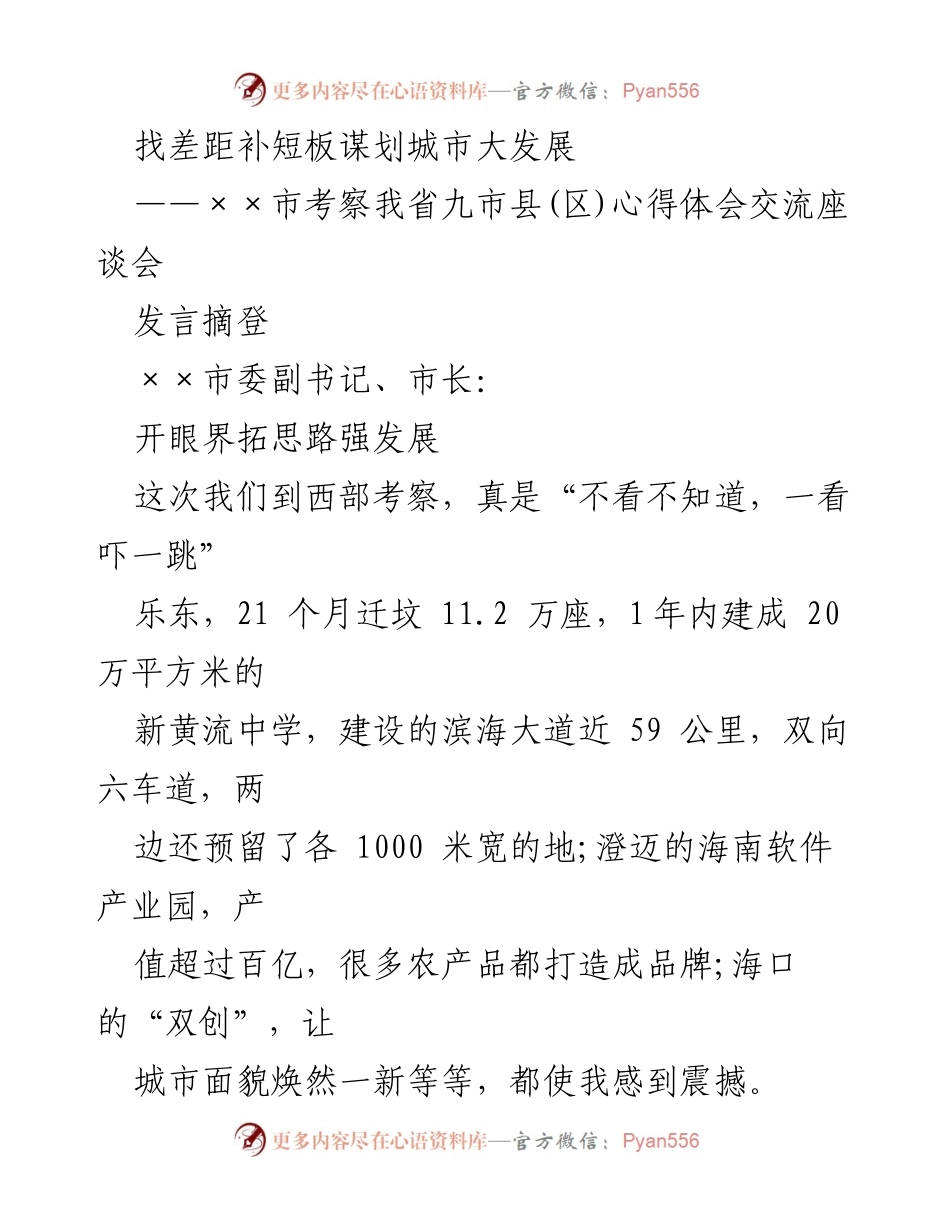 [发言] 考察心得交流座谈会 - 学习借鉴乐东经验，推动城市高质量发展.docx_第1页