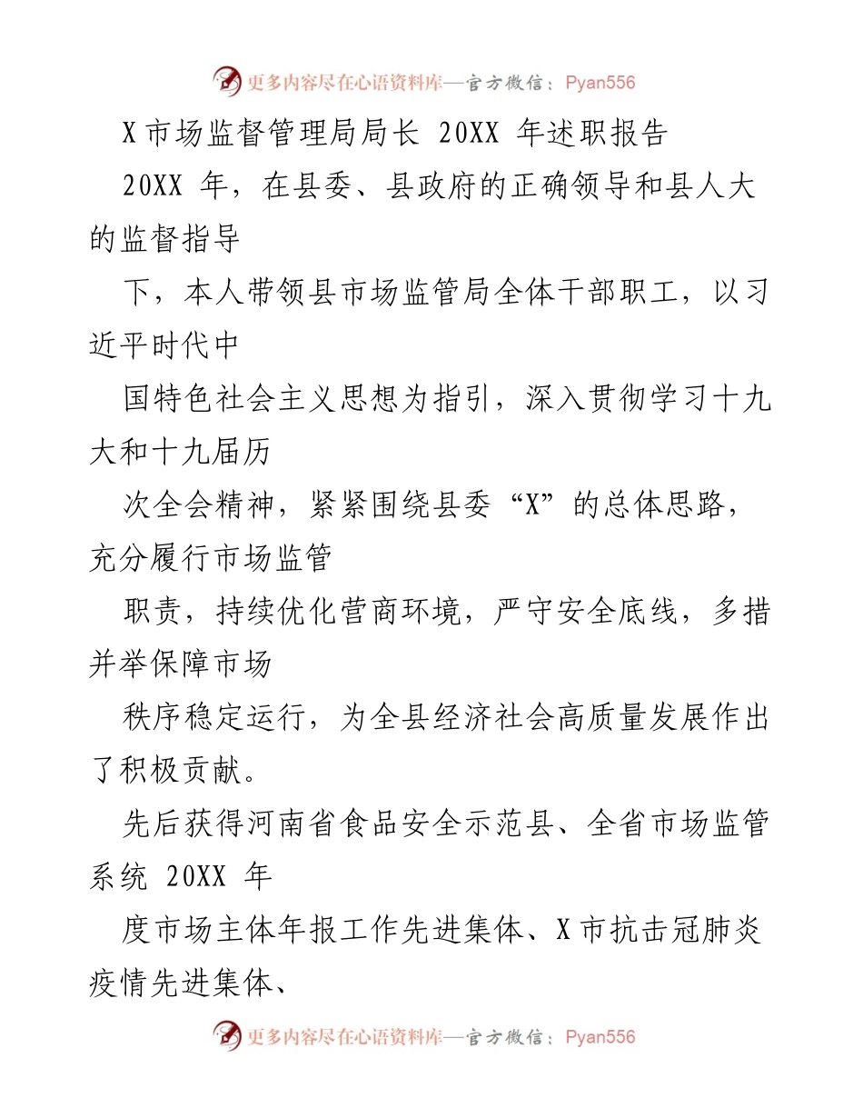 [发言] 述职报告 - 20XX年市场监督管理局局长履职总结报告.docx_第1页