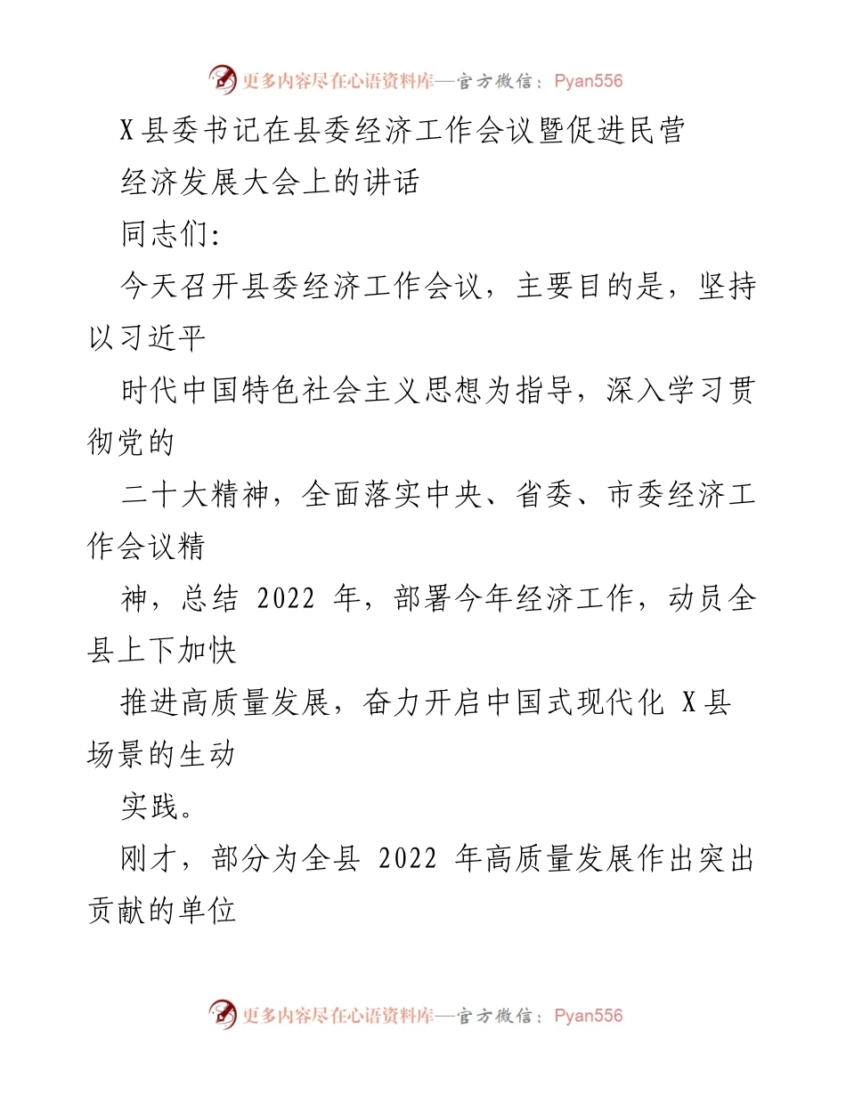 [发言] 经济工作会议 - X县委书记在经济工作会议暨促进民营经济发展大会上的讲话.docx_第1页