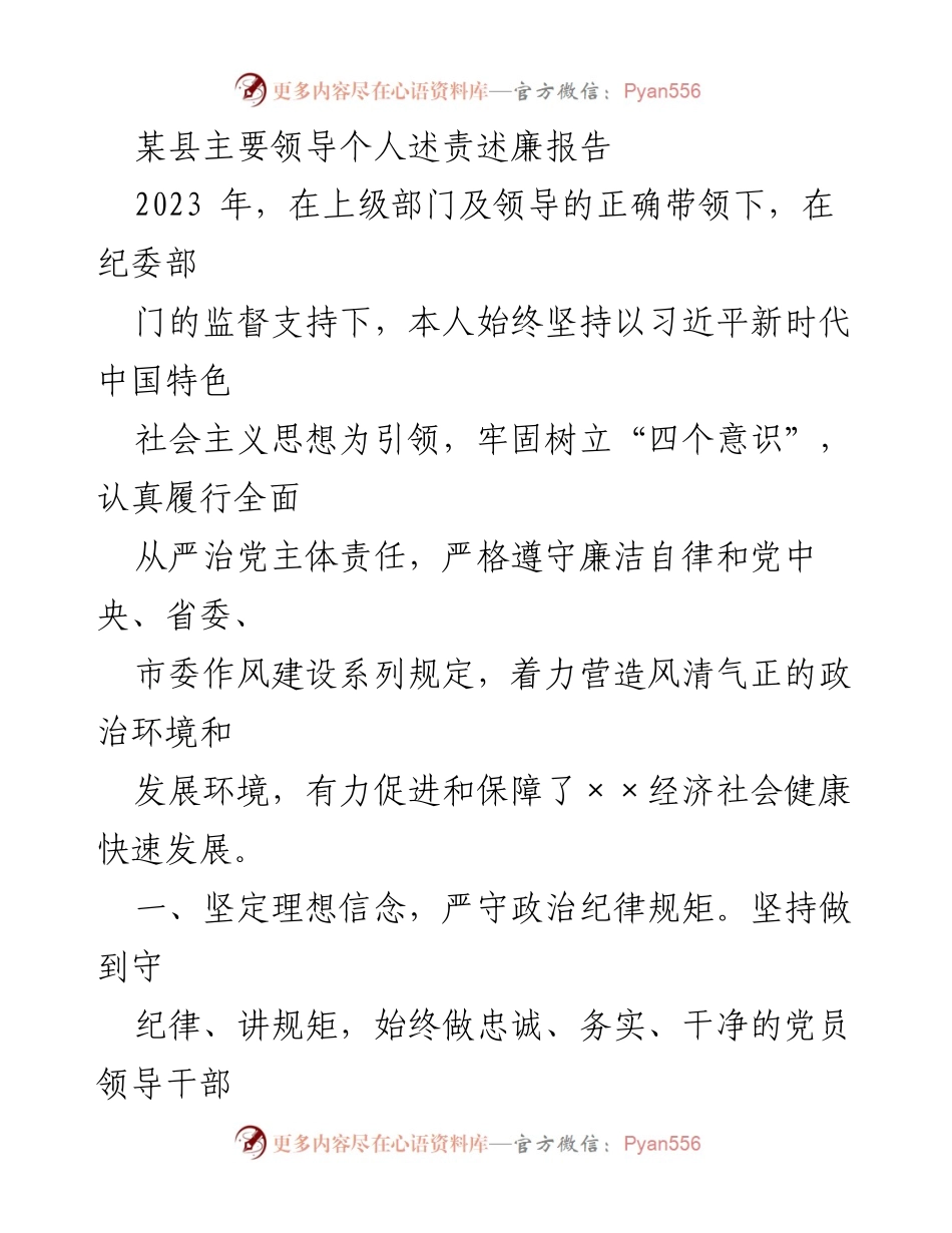 [发言] 述责述廉会议 - 2023年某县主要领导述责述廉报告.docx_第1页