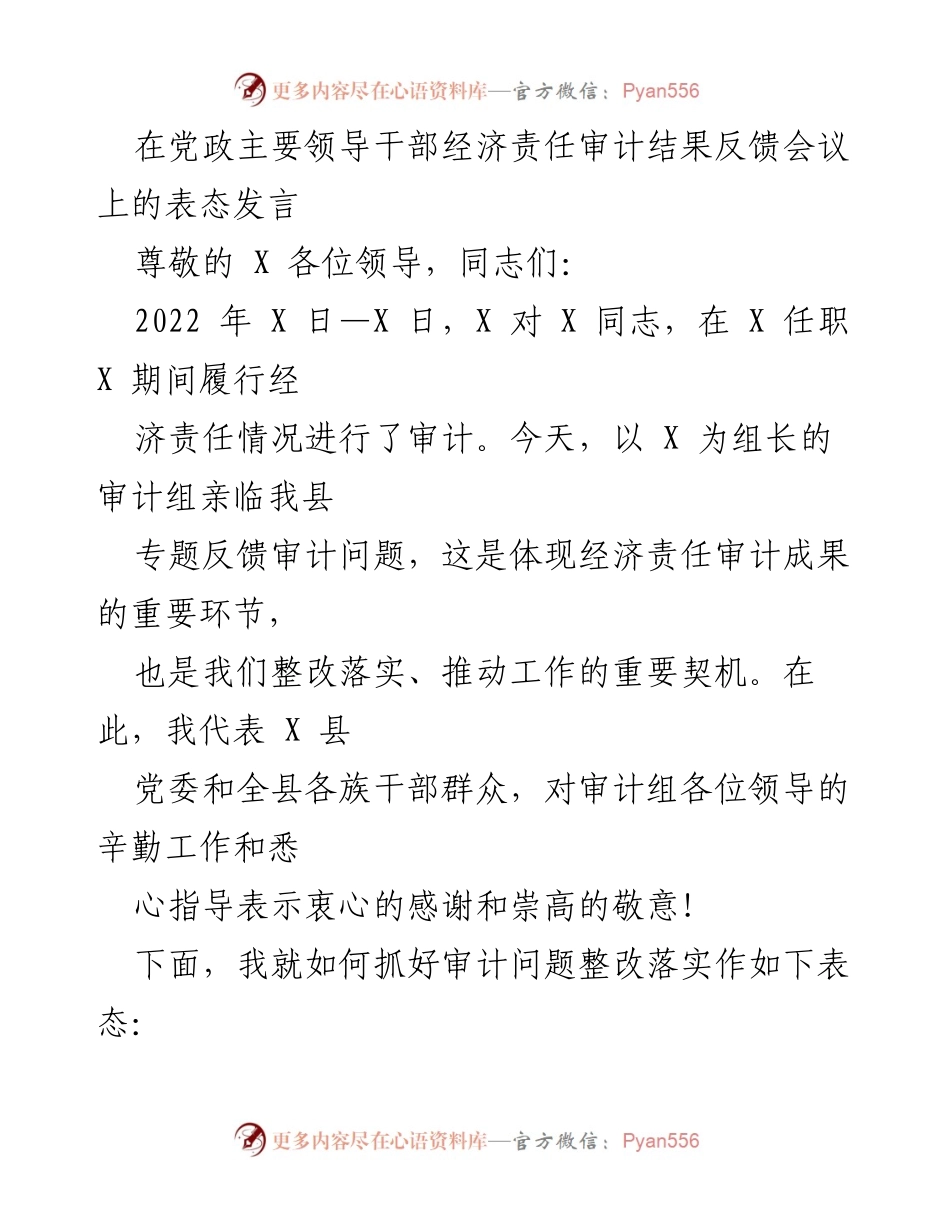 [发言] 经济责任审计结果反馈会议 - 强化整改落实，推动高质量发展.docx_第1页