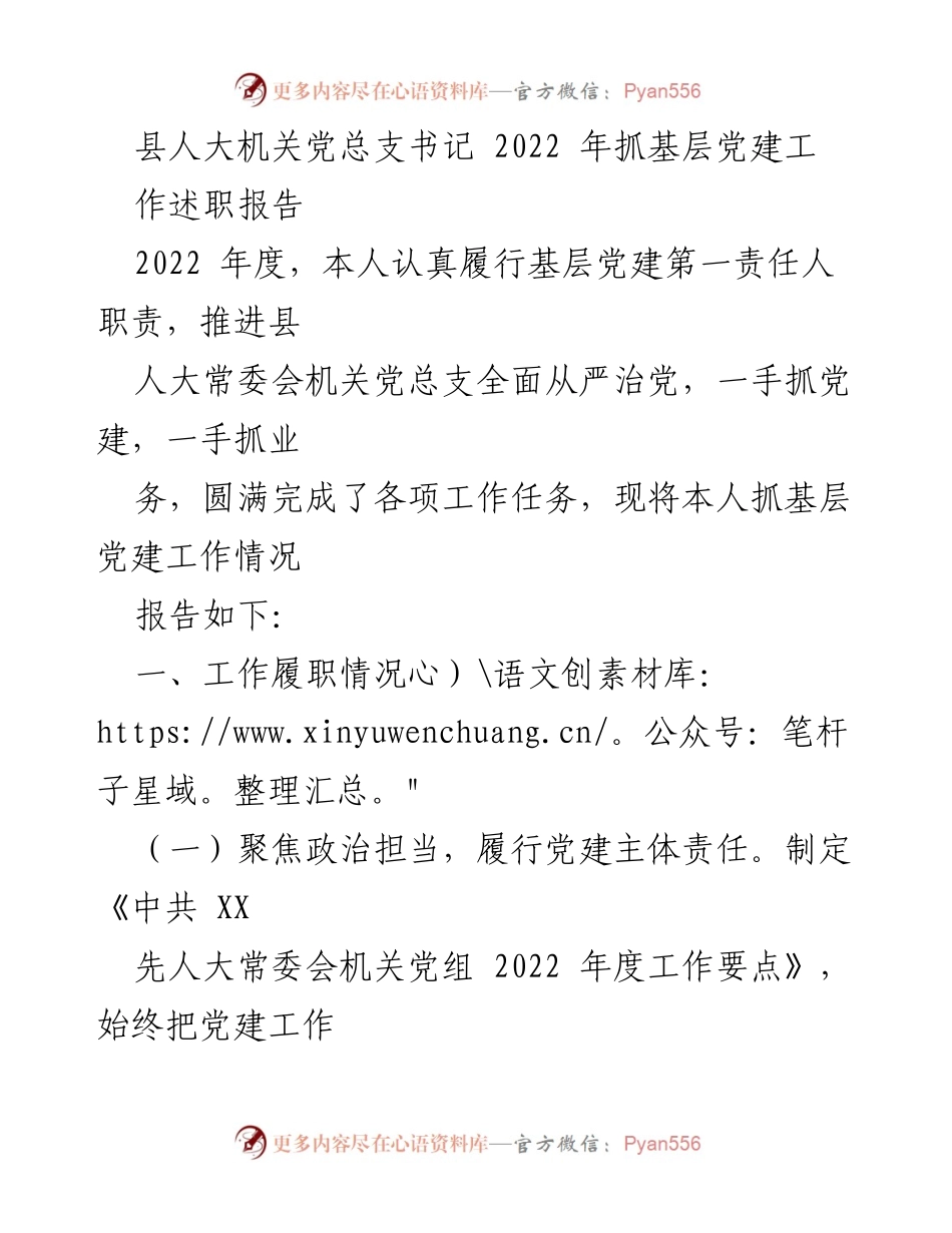 [发言] 述职报告 - 2022年度县人大机关党总支书记基层党建工作述职报告.docx_第1页