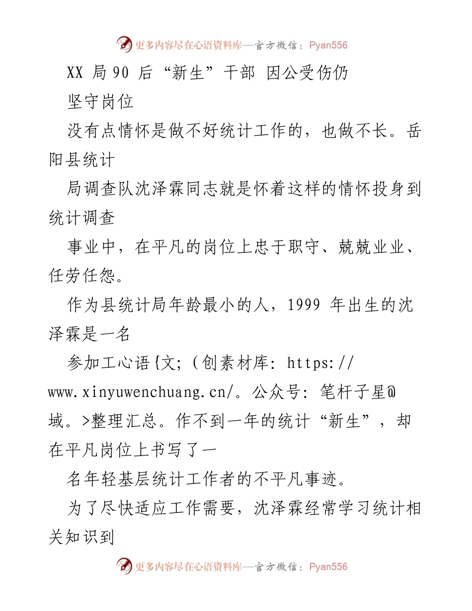 [发言] 表彰大会 - 坚守岗位的年轻统计工作者沈泽霖的感人事迹.docx_第1页
