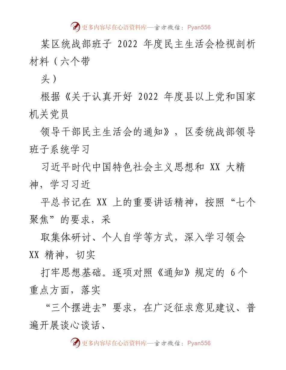 [发言] 统战部年度民主生活会 - 2022年度民主生活会检视剖析材料总结.docx_第1页