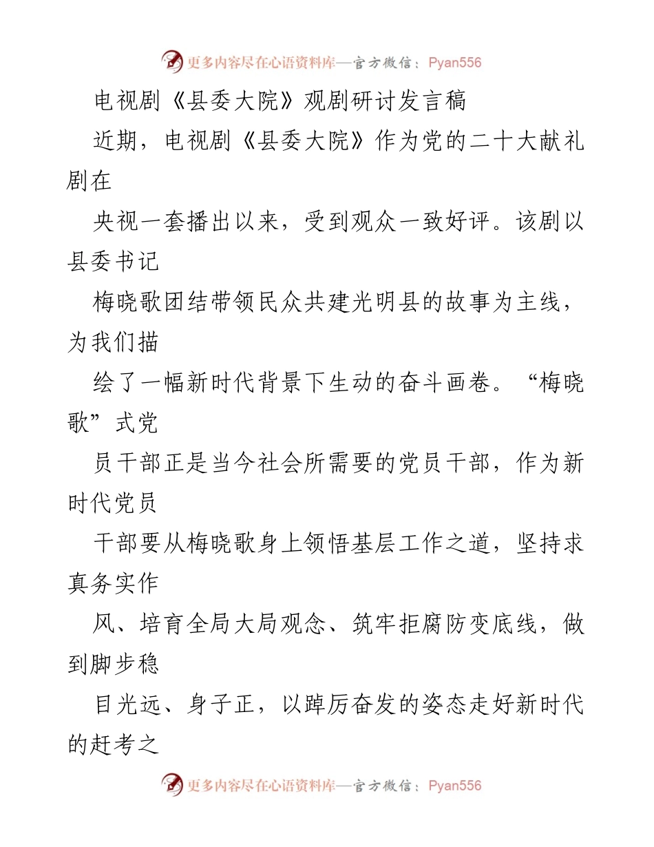 [发言] 观剧研讨 - 《县委大院》：新时代党员干部的奋斗与担当.docx_第1页