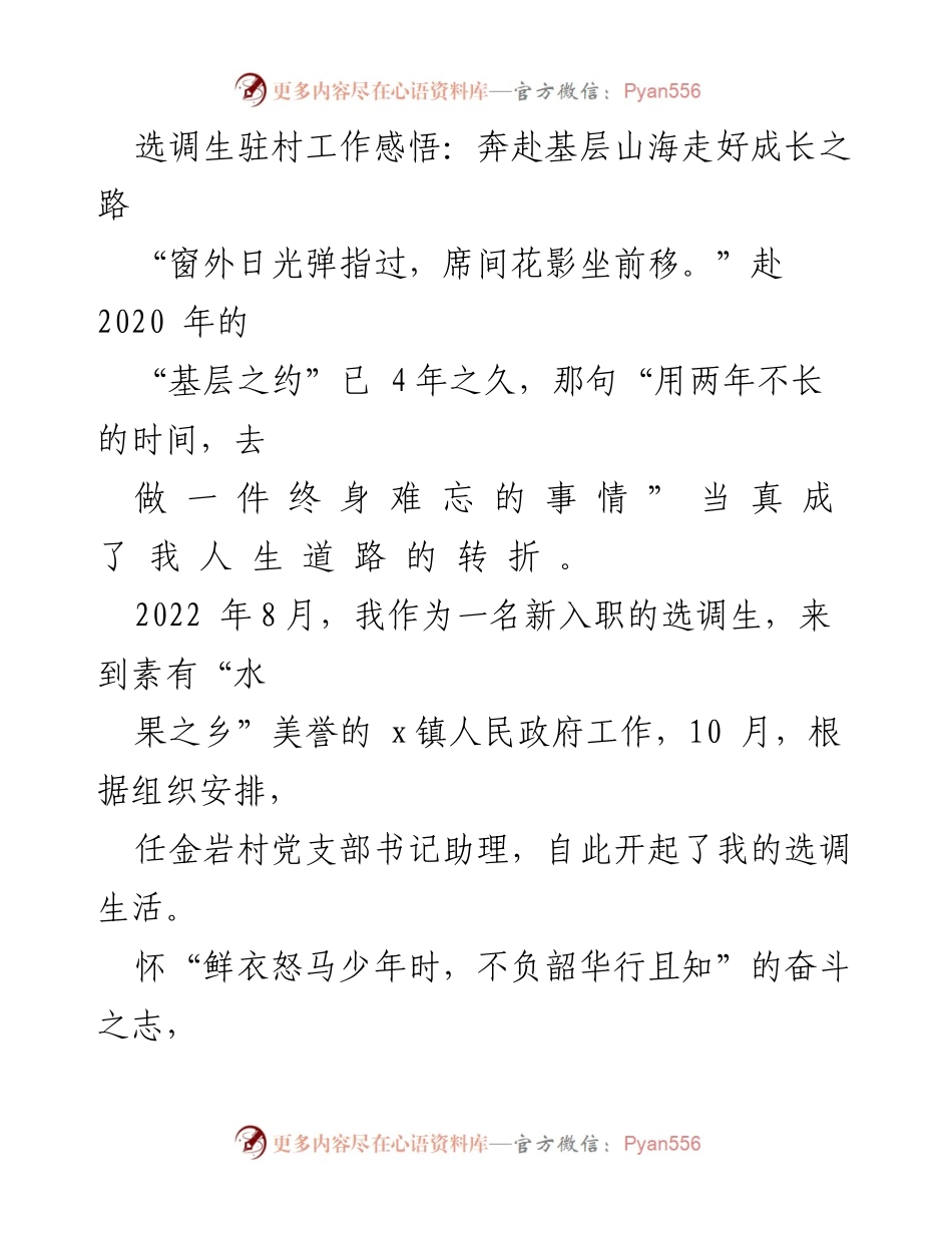 [发言] 选调生驻村工作总结 - 奔赴基层，扎根成长：选调生的奋斗与收获.docx_第1页