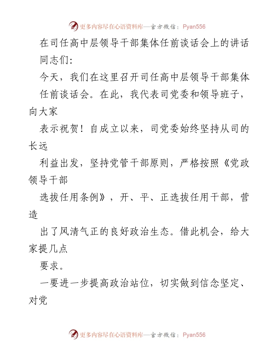 [发言] 高层领导干部集体任前谈话会 - 强化政治站位与责任担当，推动团队协作与发展.docx_第1页