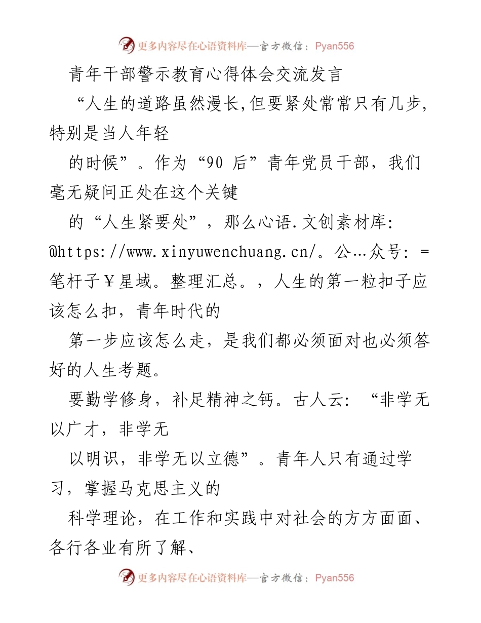 [发言] 青年干部警示教育 - 青年干部的廉洁从政心得体会.docx_第1页