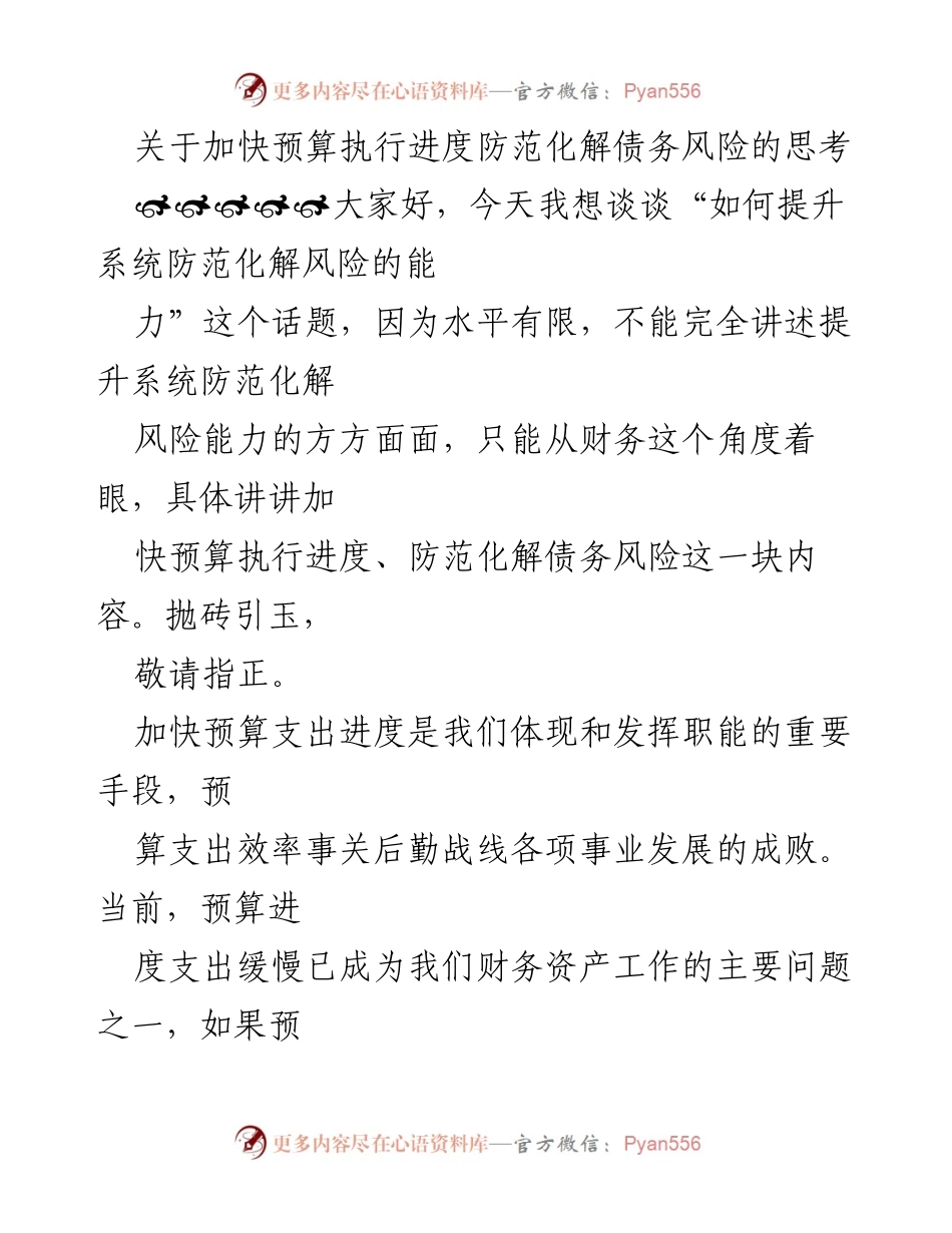 [发言] 预算执行会议 - 加快预算执行进度与防范债务风险的探讨.docx_第1页