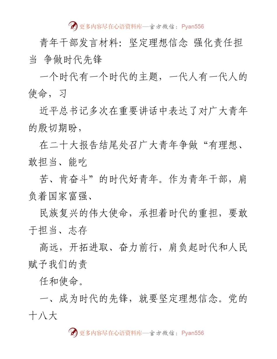 [发言] 青年干部大会 - 青年干部的使命与担当：争做时代先锋.docx_第1页