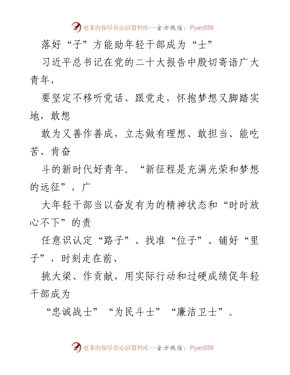 [发言] 青年干部培训会 - 落实党的精神，培养新时代年轻干部的忠诚与担当.docx_第1页