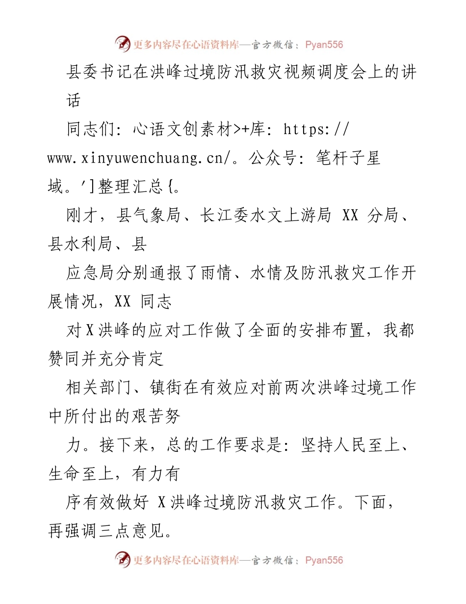 [发言] 防汛救灾视频调度会 - 加强抗洪抢险，确保人民安全.docx_第1页