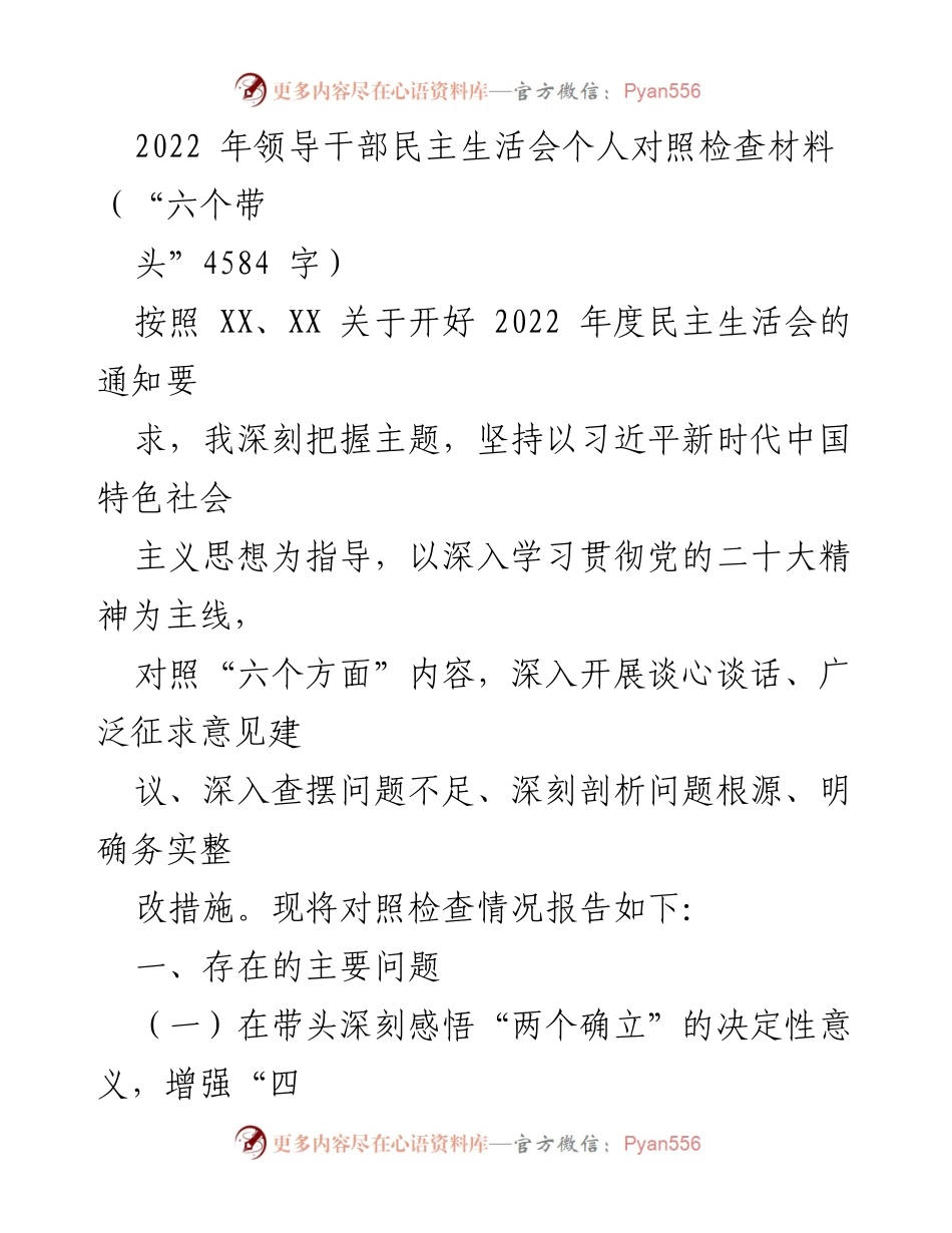 [发言] 领导干部民主生活会 - 2022年度民主生活会个人对照检查材料总结_1.docx_第1页