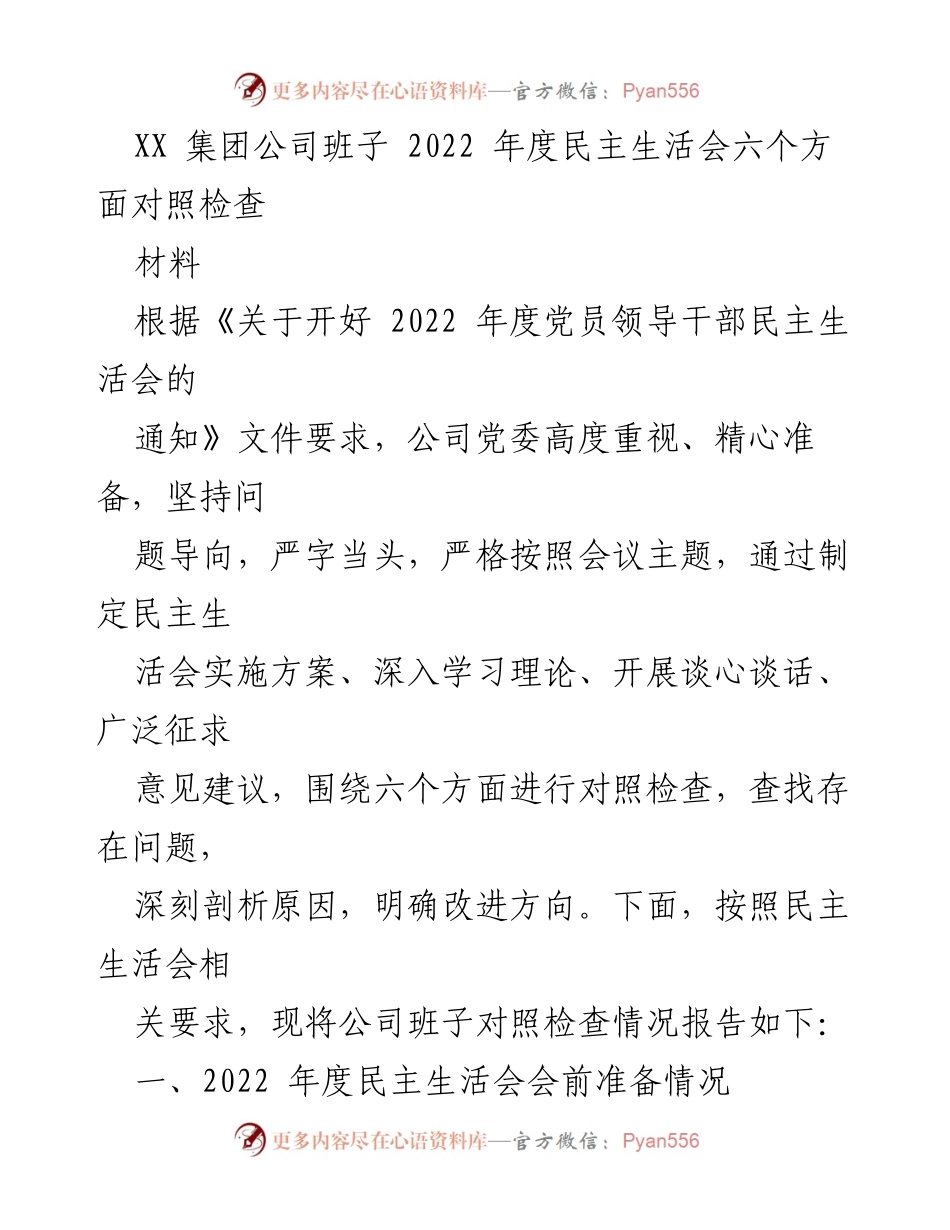 [发言材料] 2022年度民主生活会 - XX集团公司班子对照检查报告.docx_第1页