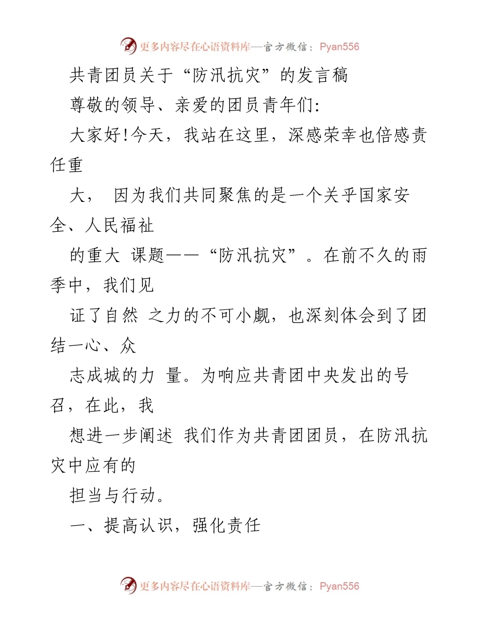 [发言稿] 共青团会议 - 共青团员在防汛抗灾中的责任与行动.docx_第1页