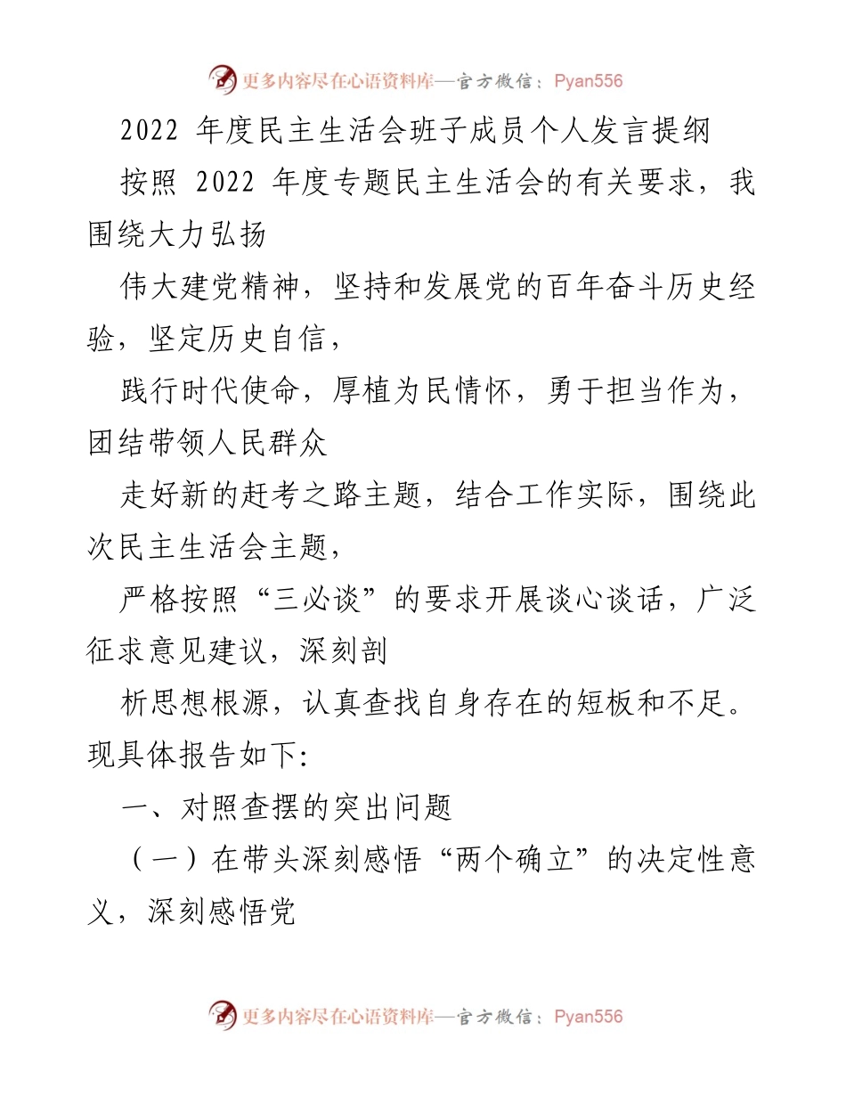 [发言提纲] 2022年度民主生活会 - 个人发言提纲总结与反思.docx_第1页