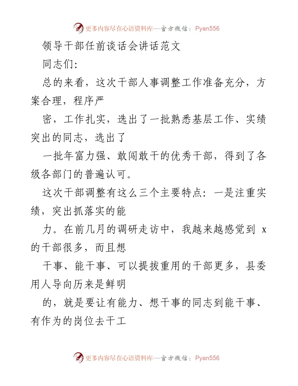 [发言] 领导干部任前谈话会 - 选拔优秀干部，坚定政治责任与担当.docx_第1页