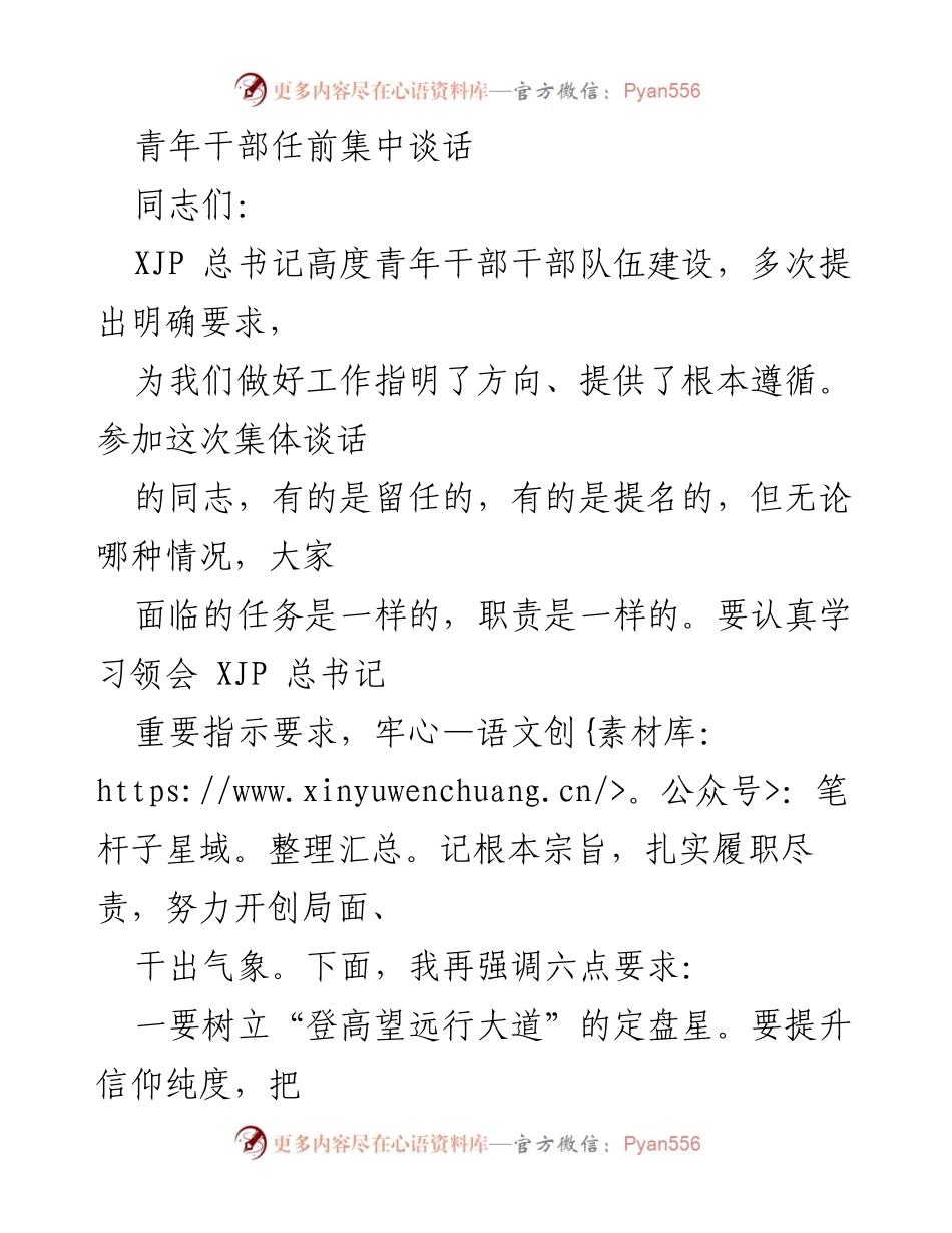 [发言] 青年干部任前集中谈话 - 强化青年干部责任与使命感的六点要求.docx_第1页