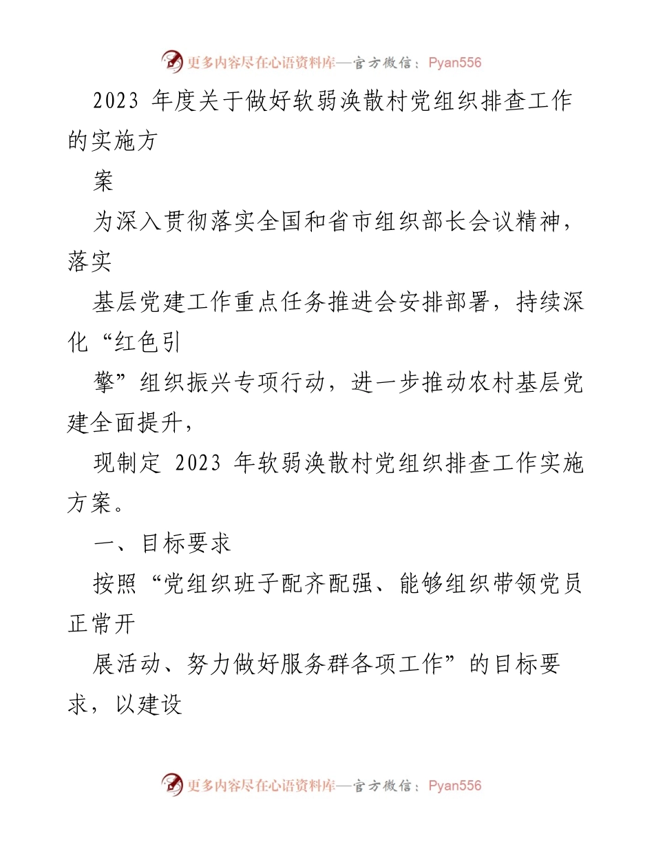 [实施方案] 党建工作 - 2023年度软弱涣散村党组织排查工作实施方案_1.docx_第1页