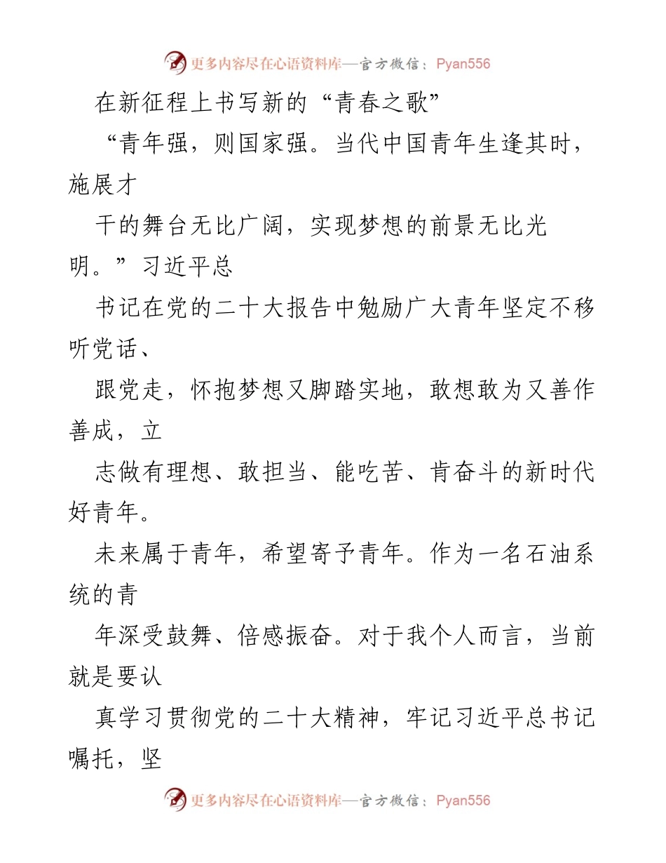 [发言] 青年座谈会 - 在新征程上书写青春之歌：新时代石油青年的使命与担当.docx_第1页