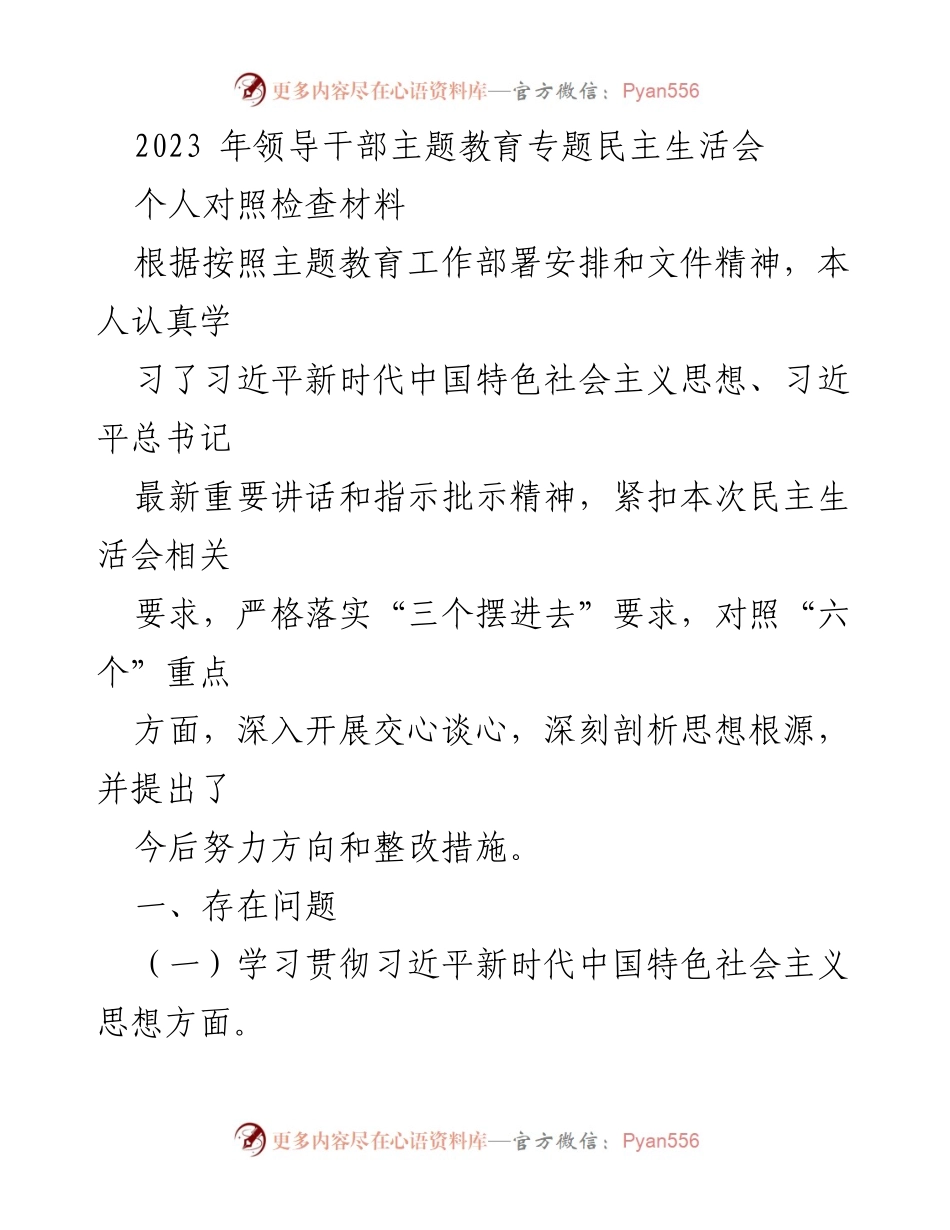 [发言] 领导干部主题教育专题民主生活会 - 个人对照检查材料总结与整改措施_2.docx_第1页