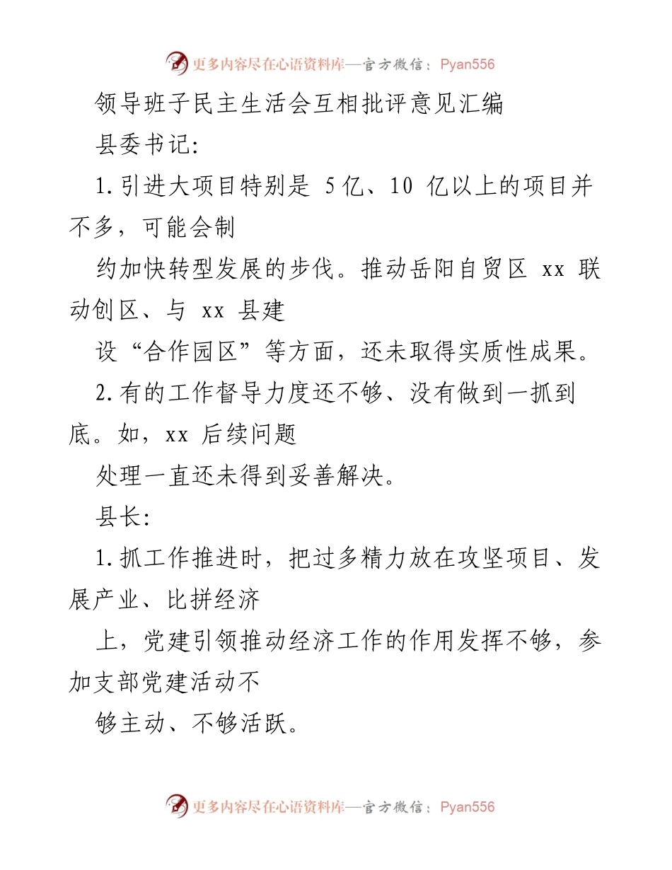 [发言] 领导班子民主生活会 - 领导班子互评与工作反思总结.docx_第1页