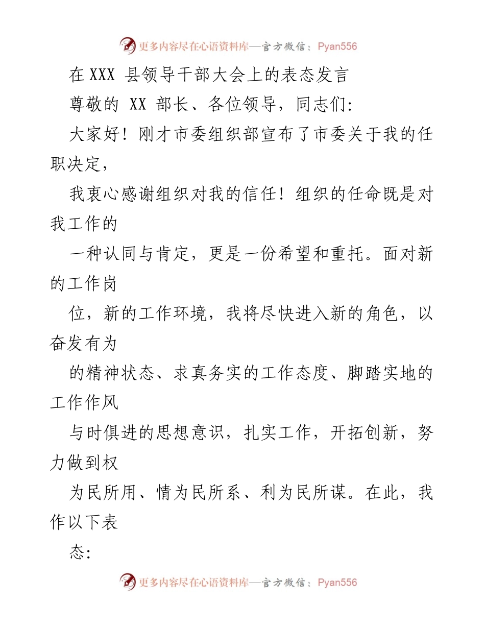 [发言] 领导干部大会 - 新任职表态发言：坚定信念、务实创新、担当作为.docx_第1页