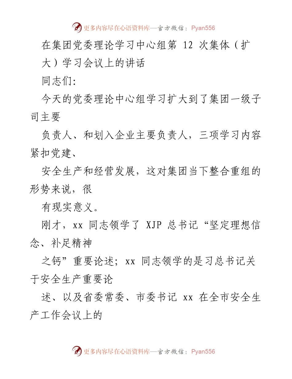 [发言] 集团党委理论学习中心组会议 - 坚定理想信念，推动集团高质量发展.docx_第1页