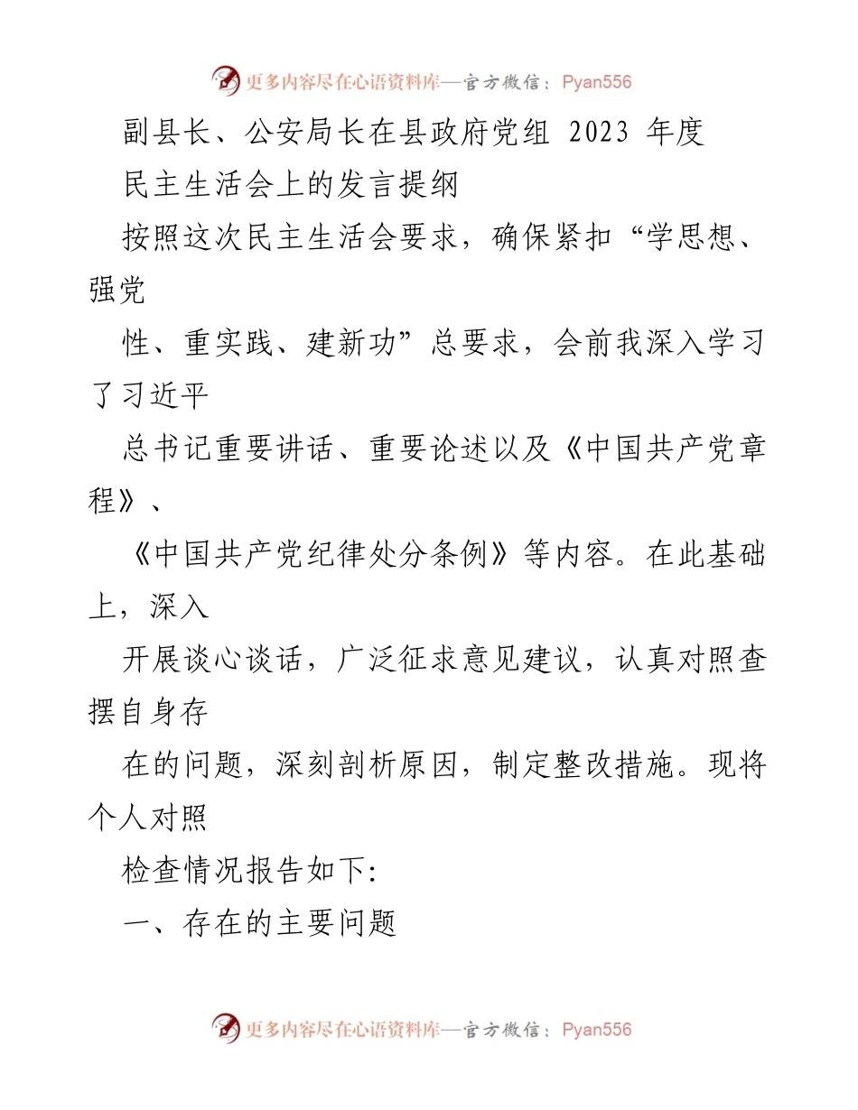 [发言提纲] 县政府党组民主生活会 - 副县长公安局长年度民主生活会发言总结.docx_第1页