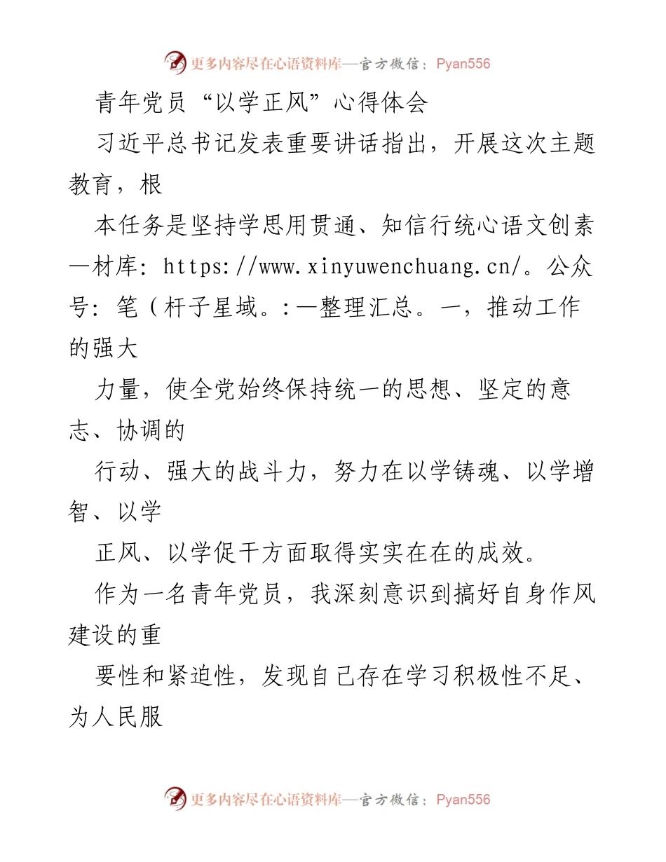 [发言] 青年党员主题教育 - 青年党员以学正风的心得体会与自我提升.docx_第1页