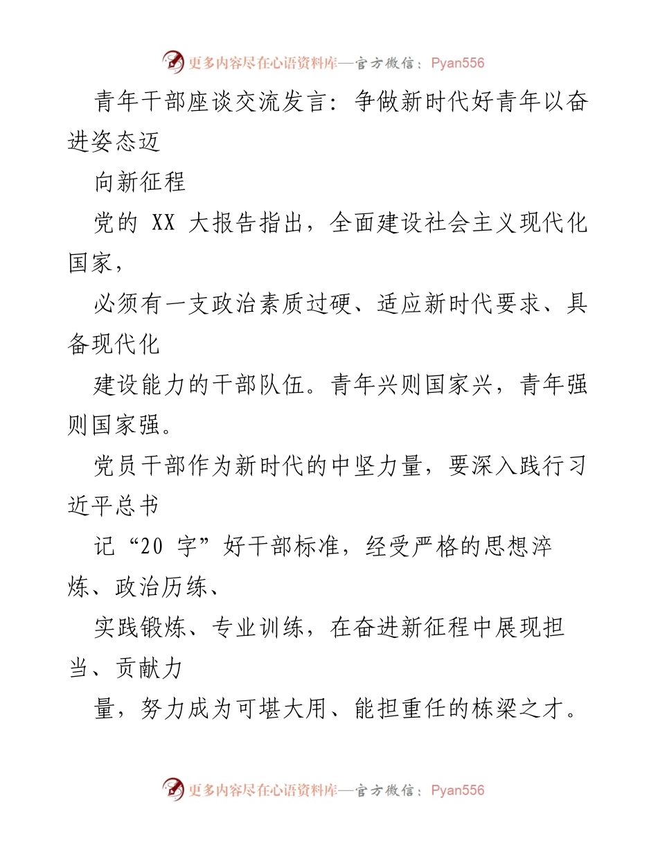 [发言] 青年干部座谈交流 - 争做新时代好青年，展现担当与责任.docx_第1页