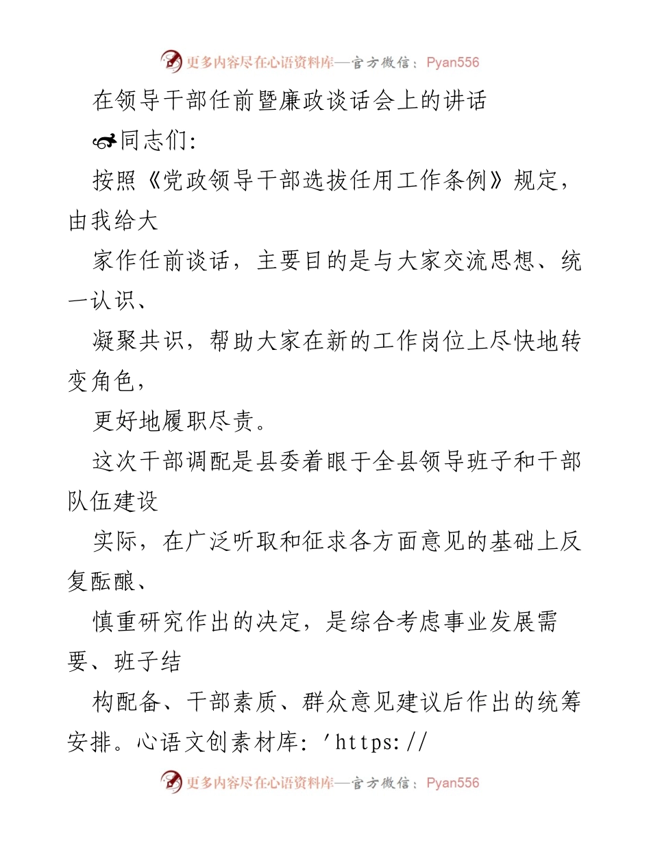 [发言] 领导干部任前暨廉政谈话会 - 强调政治自觉与廉洁自律的任前讲话.docx_第1页